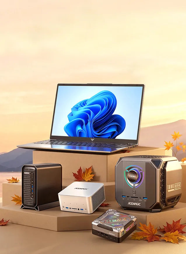 Bannière ACEMAGIC automne, mini PC et ordinateur portable, décor feuilles d’érable, paysage lac et montagnes