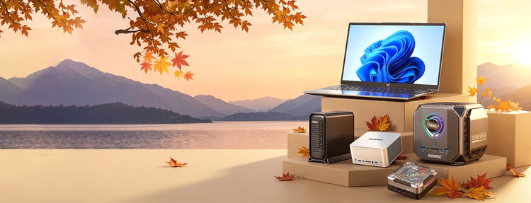Bannière promotionnelle automne ACEMAGIC, mini PC et ordinateur portable compact, feuilles d’érable, paysage lac et montagnes au crépuscule