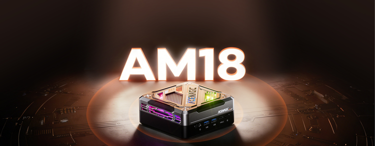 Mini PC ACEMAGIC AM18 avec éclairage RGB, design gamer compact, fond sombre avec texte lumineux AM18