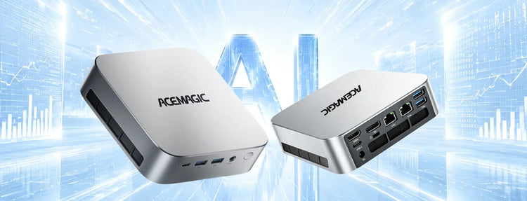 Mini PC ACEMAGIC F2A argent, deux vues de l'appareil, ports avant et arrière, fond bleu thème IA et technologie