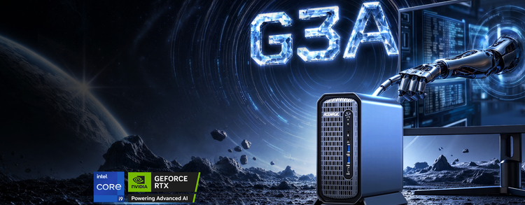 Mini PC ACEMAGIC G3A avec Intel Core i9 et NVIDIA GeForce RTX, décor spatial futuriste, IA et performances gaming