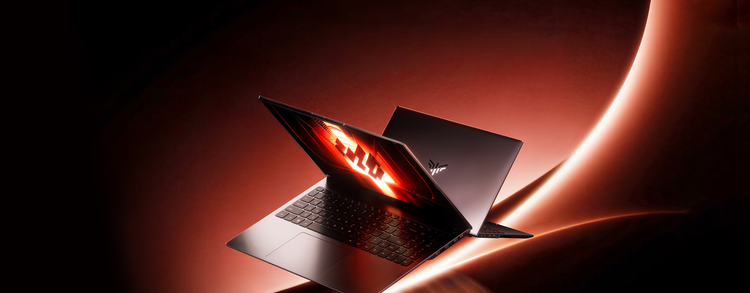 PC portable gamer Acemagic performant, deux modèles présentés, écran affichant un rendu graphique dynamique sur fond rouge lumineux